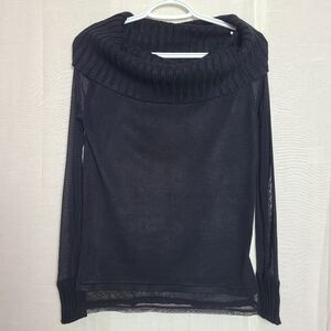 Colori Women's Black Cowl Neck Mesh Sleeves Rib Knit Long Sleeves Top